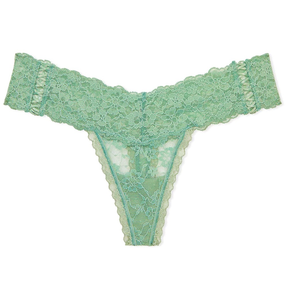NWT Medium Victorias Secret Jade Green Lace Up Thong Panty Lingerie Floral Bride